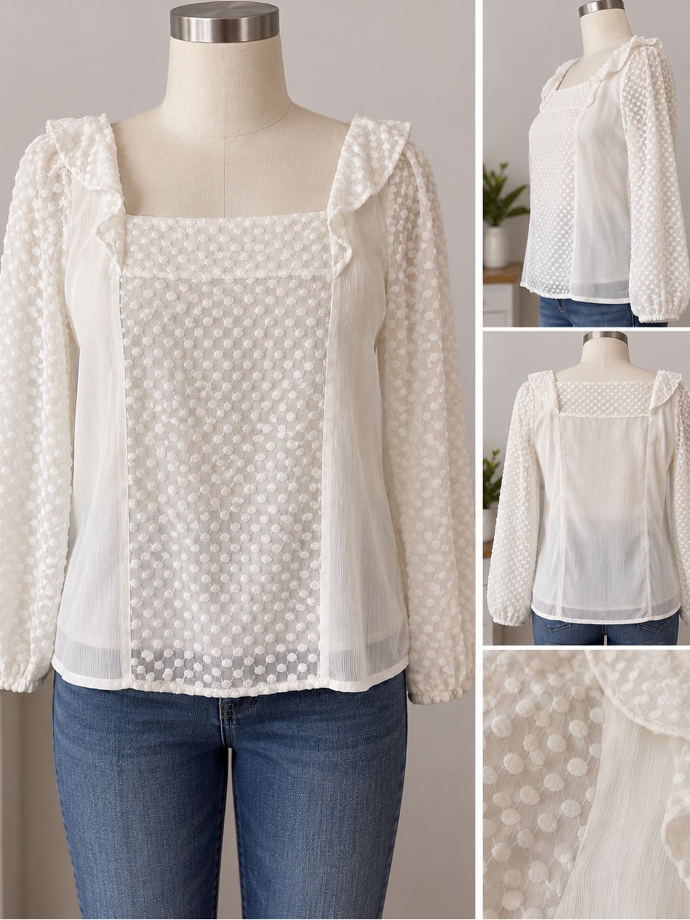 Banana Republic Size L White Swiss Dot Square-Neck Blouse